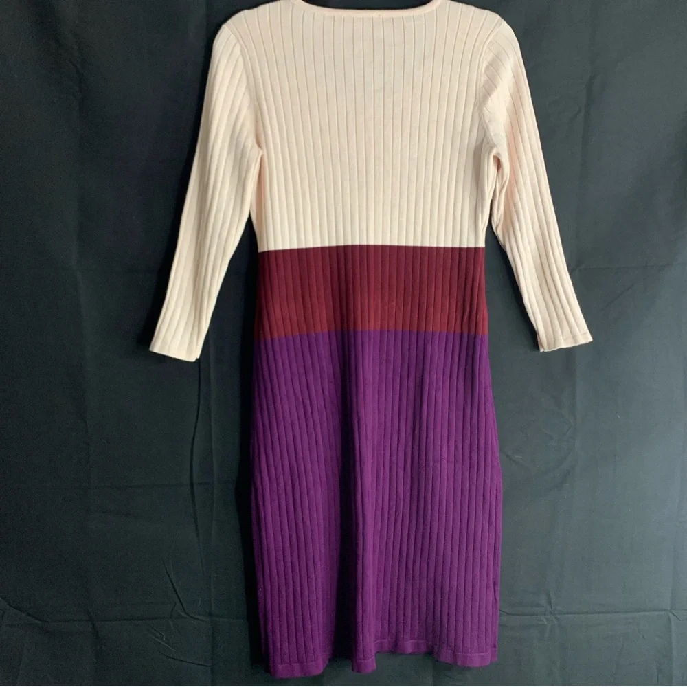 Calvin Klein Colorblock Ribbed Knit Midi Sweater Dress Cream Purple, size M - Picture 9 of 10